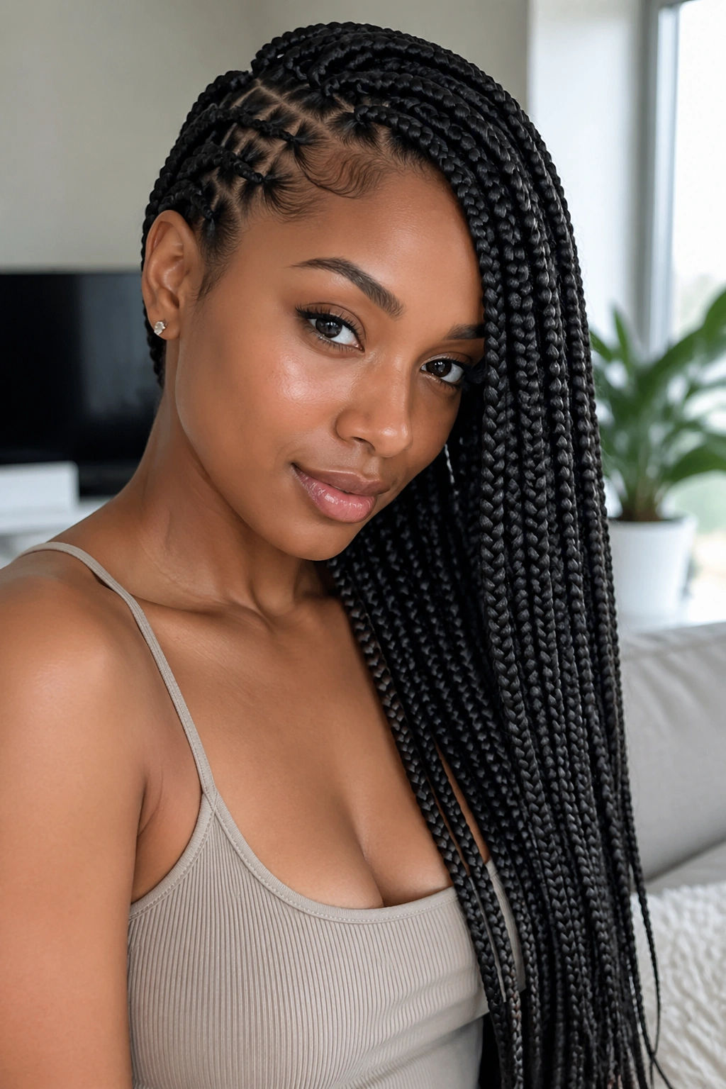 Real woman with side-swept box braids over shoulder in a bright room.