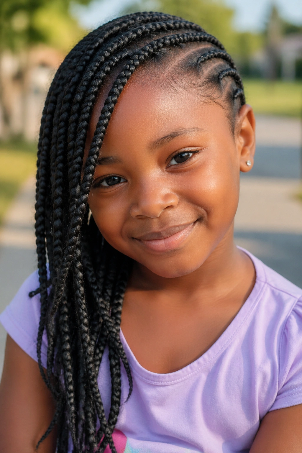 Close-up of a young girl with side-swept asymmetrical box braids