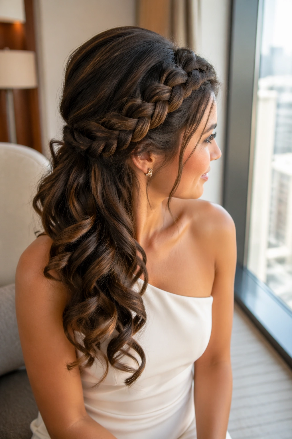 Side-profile view of side-swept braid with glam curls.