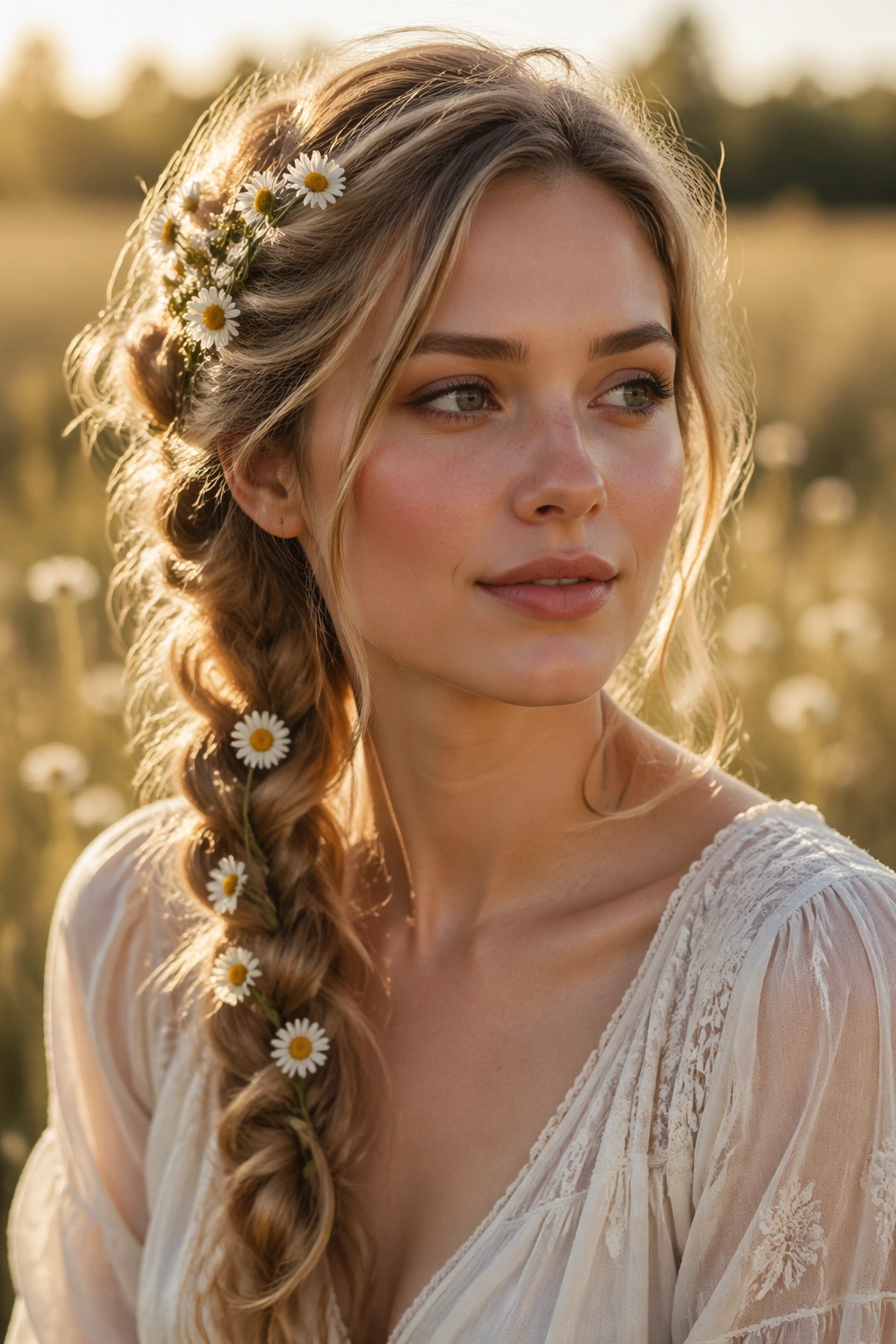 Close-up of a woman wearing a side-swept braid with chamomile sprigs