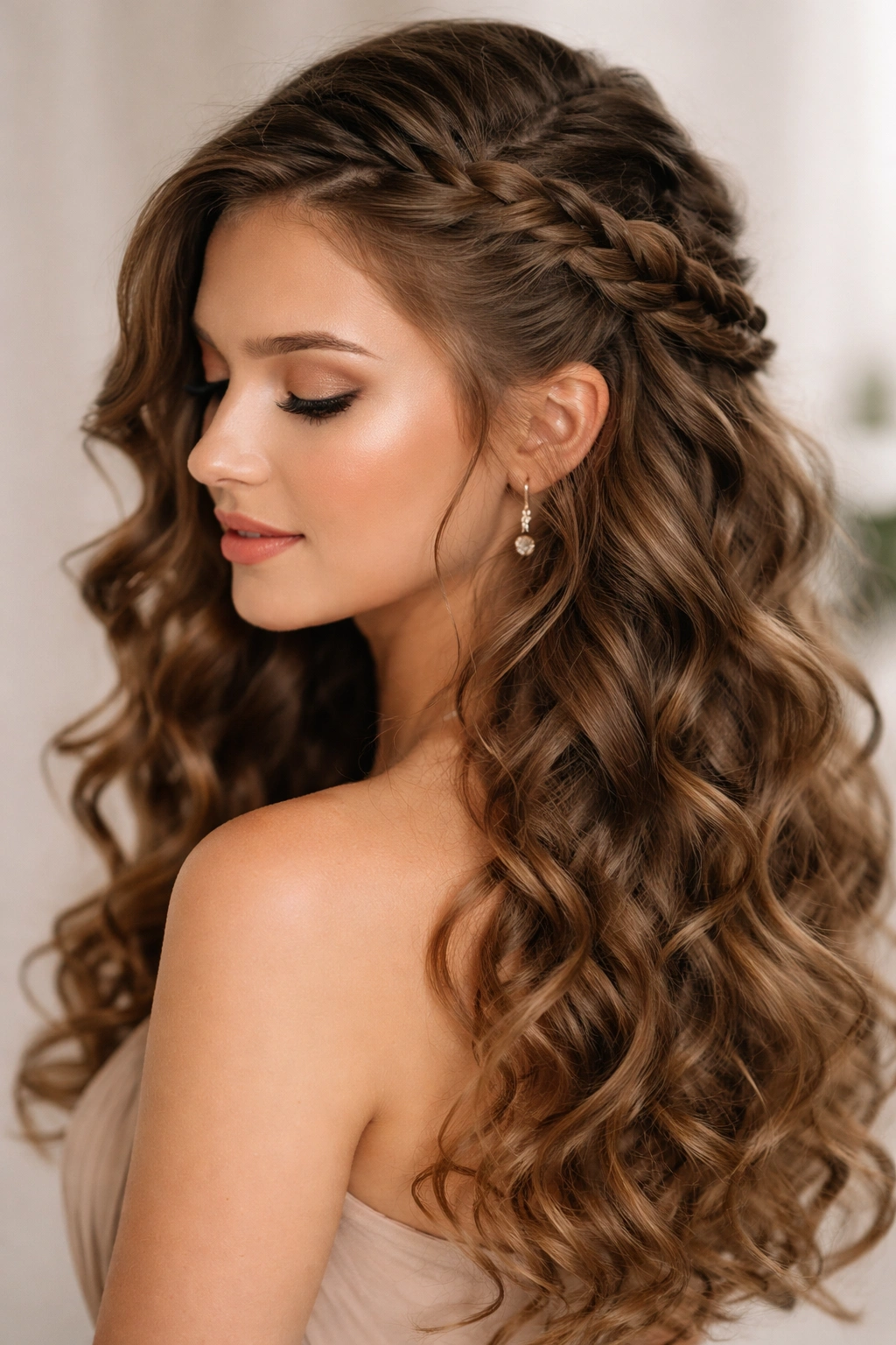 Close-up of side-swept braid with half-down curls in studio lighting