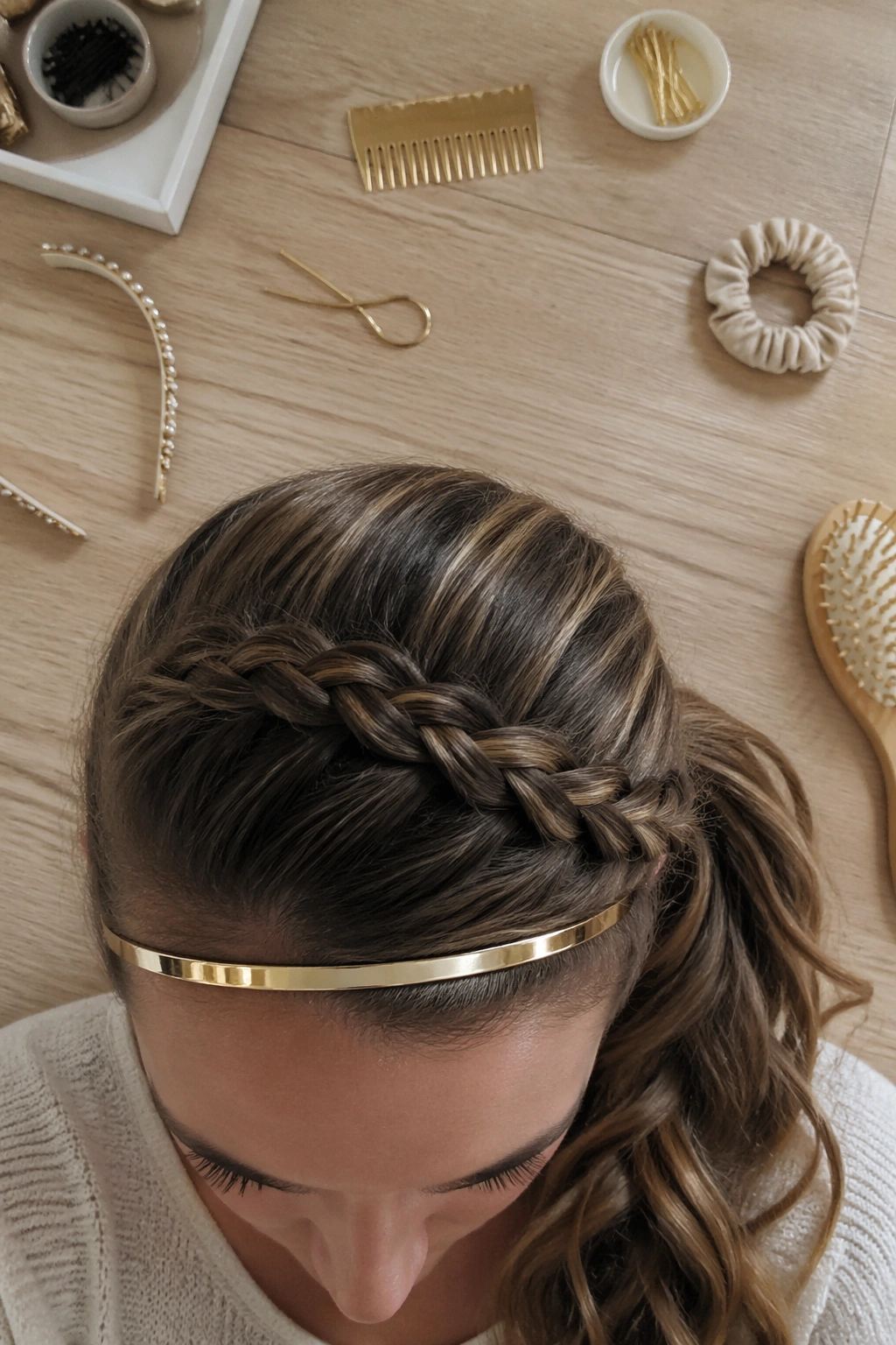 Overhead flat-lay of side-swept braided ponytail and metal headband.