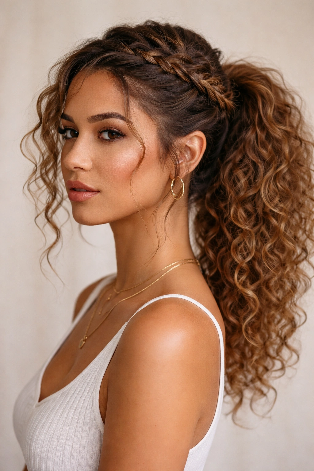 Side-swept braid starting on one side into a mid ponytail on curly hair