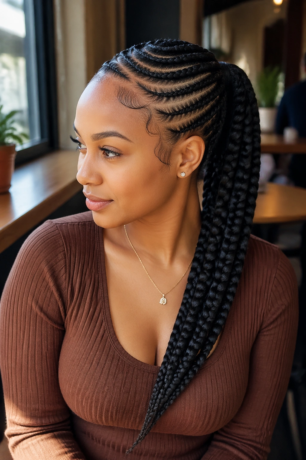 Close-up of a real woman with a side-swept feed-in ponytail