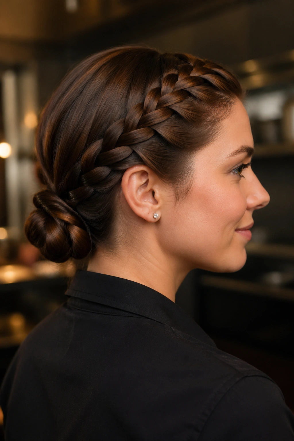 Close-up of a real woman with a side-swept braid leading to a ponytail coil at the back
