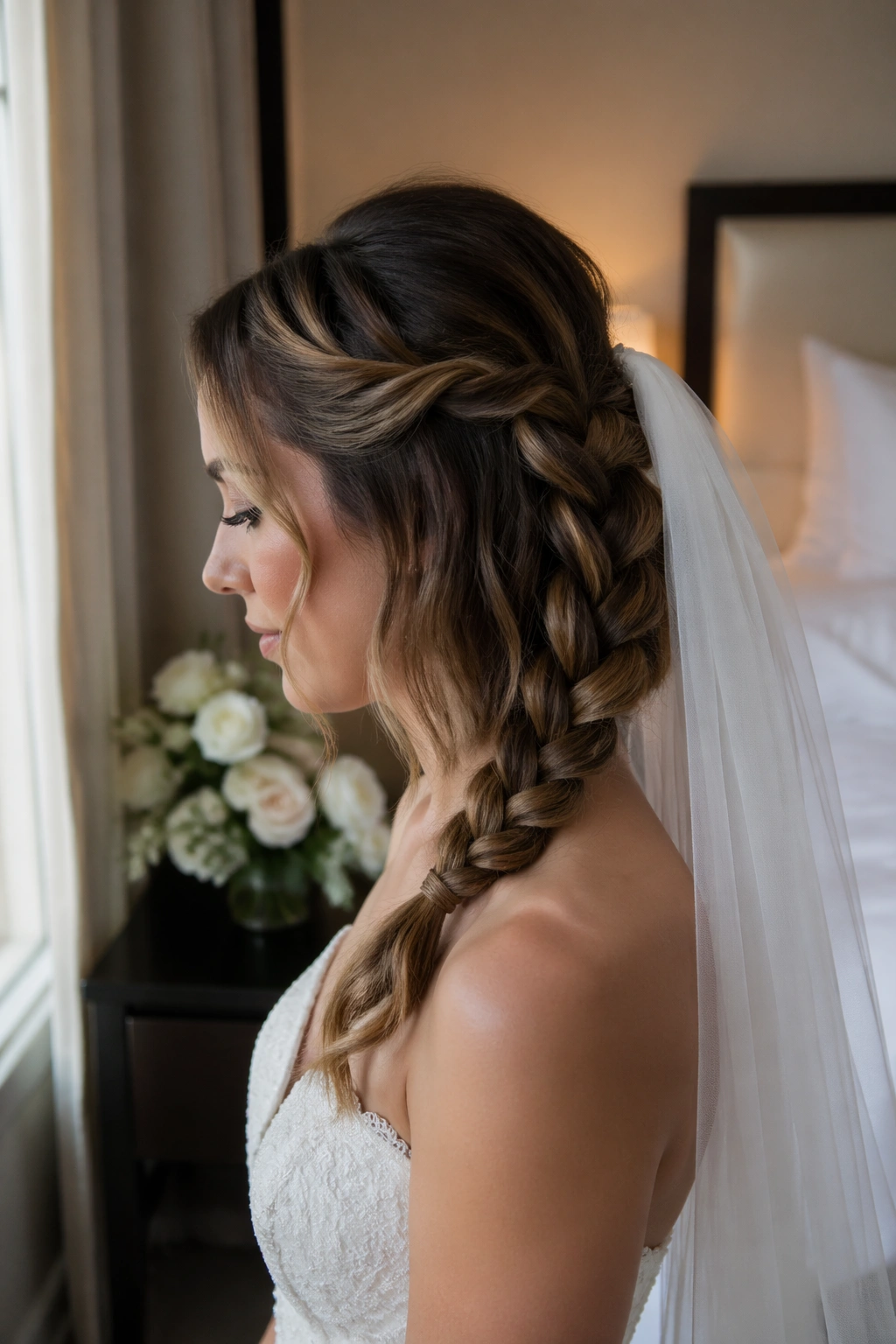 Side-swept braid in profile with veil-friendly finish on short hair.