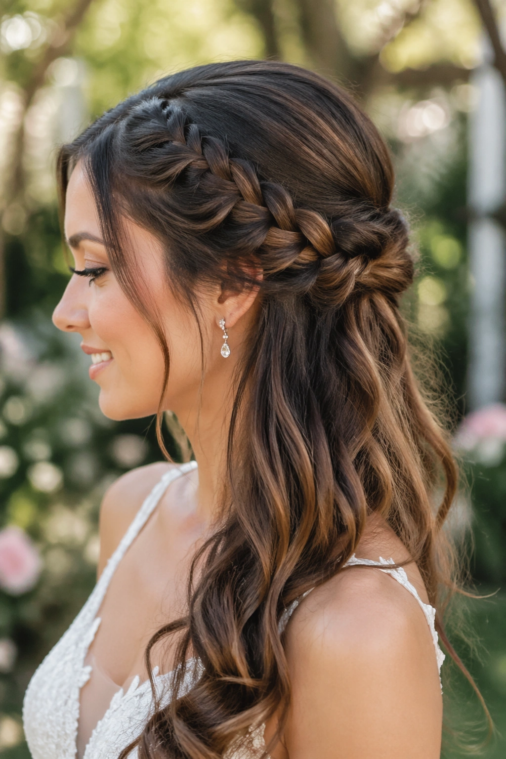 Profile view of bride with side-swept braid half-up for asymmetry.