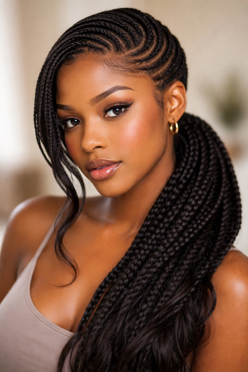 Side-swept braided ponytail framing the face