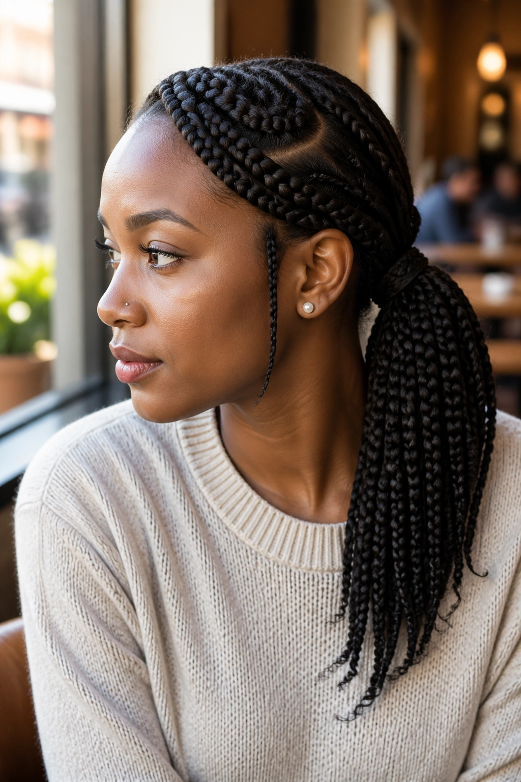Three-quarter view of a real woman with a side-swept braided ponytail