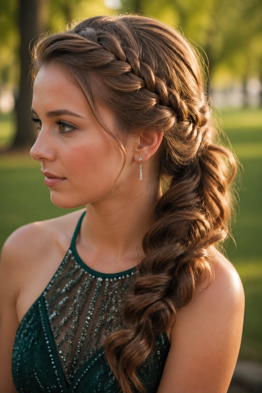 Profile of a real woman wearing a side-swept braided ponytail over her shoulder in natural light