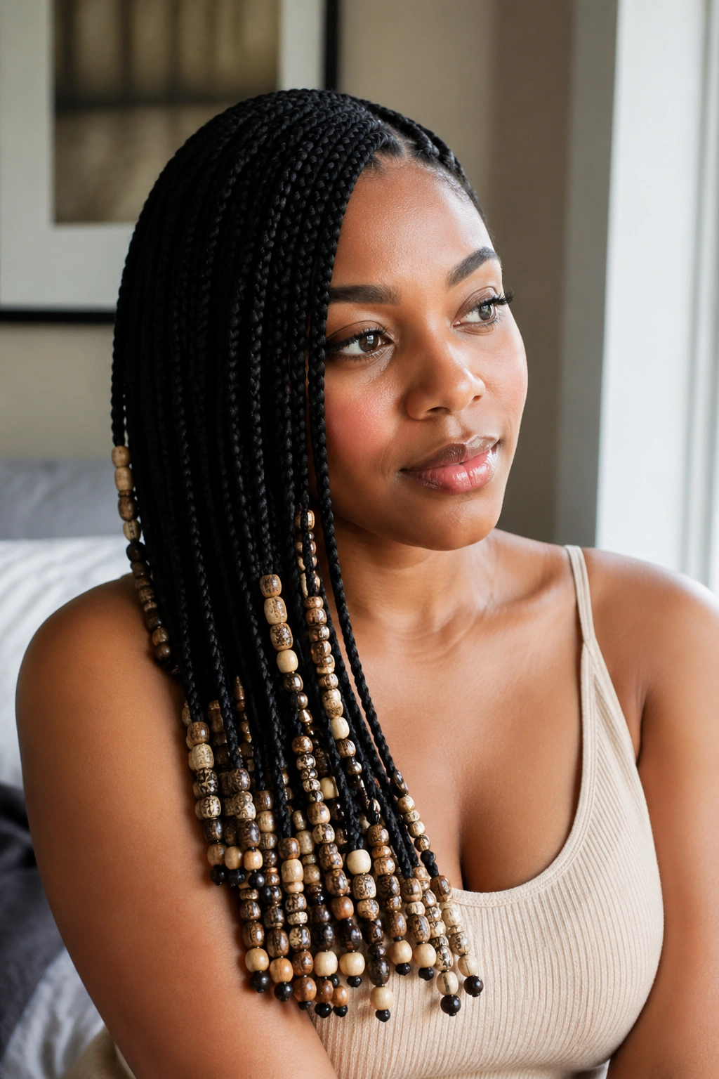 Three-quarter portrait of a real woman with side-swept bead-adorned braids.