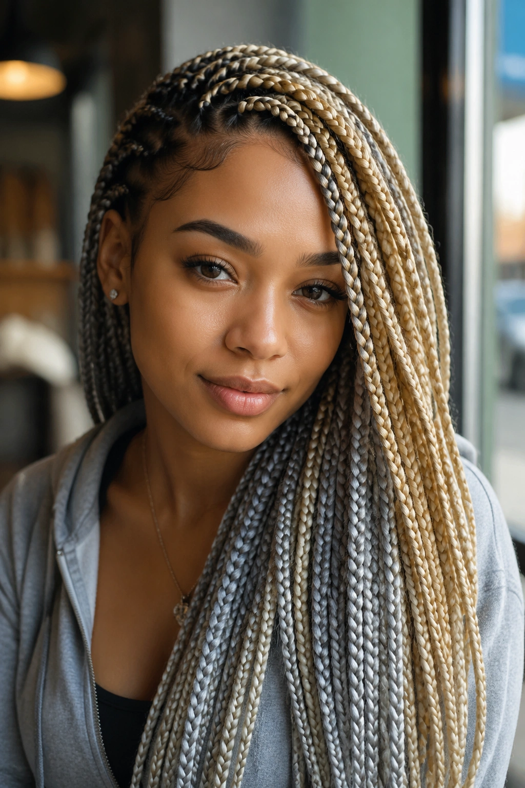 Close-up of side-swept blonde and grey box braids on a real woman.