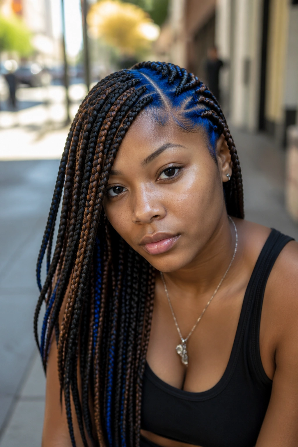 Portrait of a real person with side-swept braids and a deep blue part