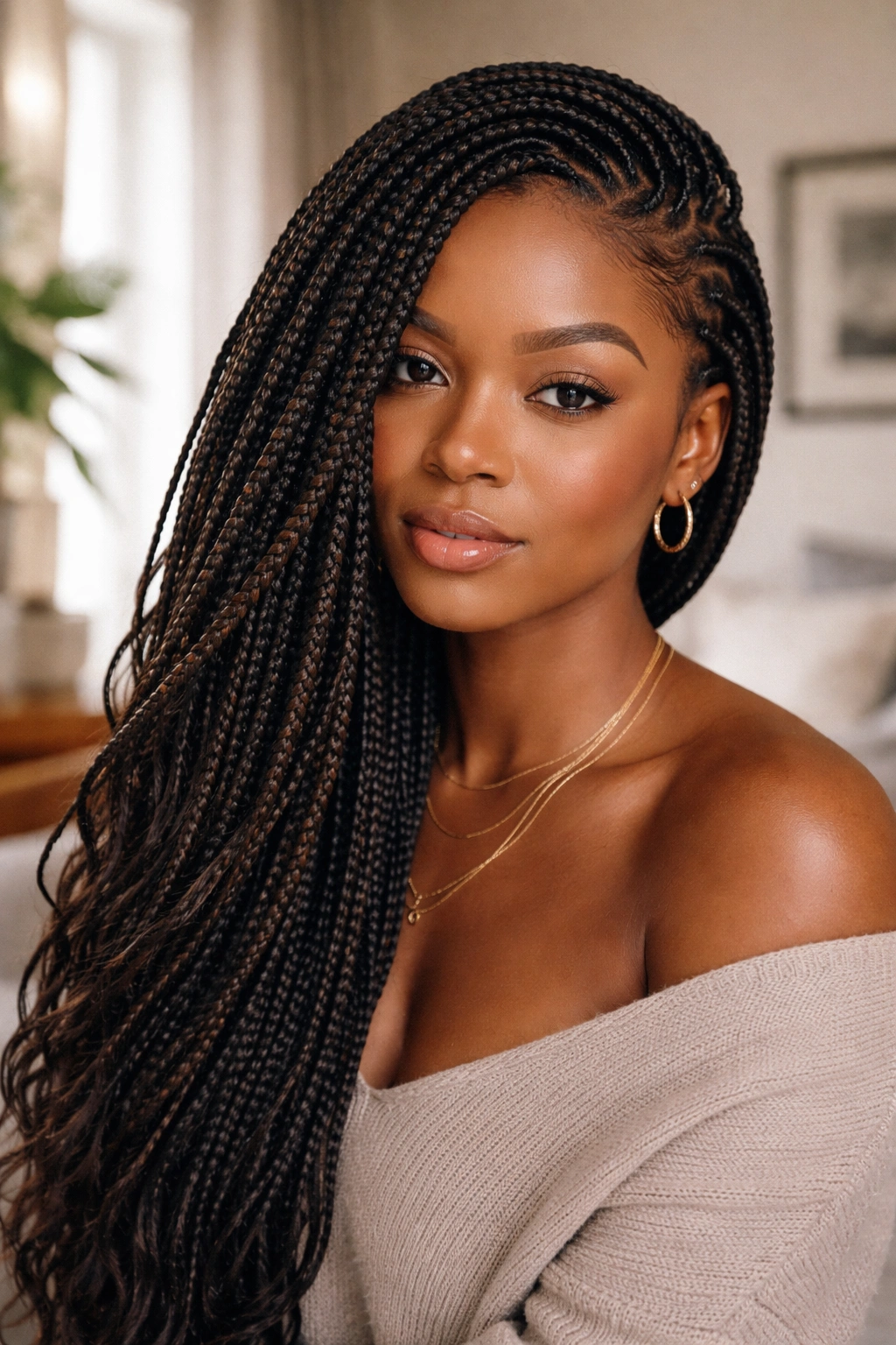 Close-up of side-swept box/knotless braids falling to one side on a real person