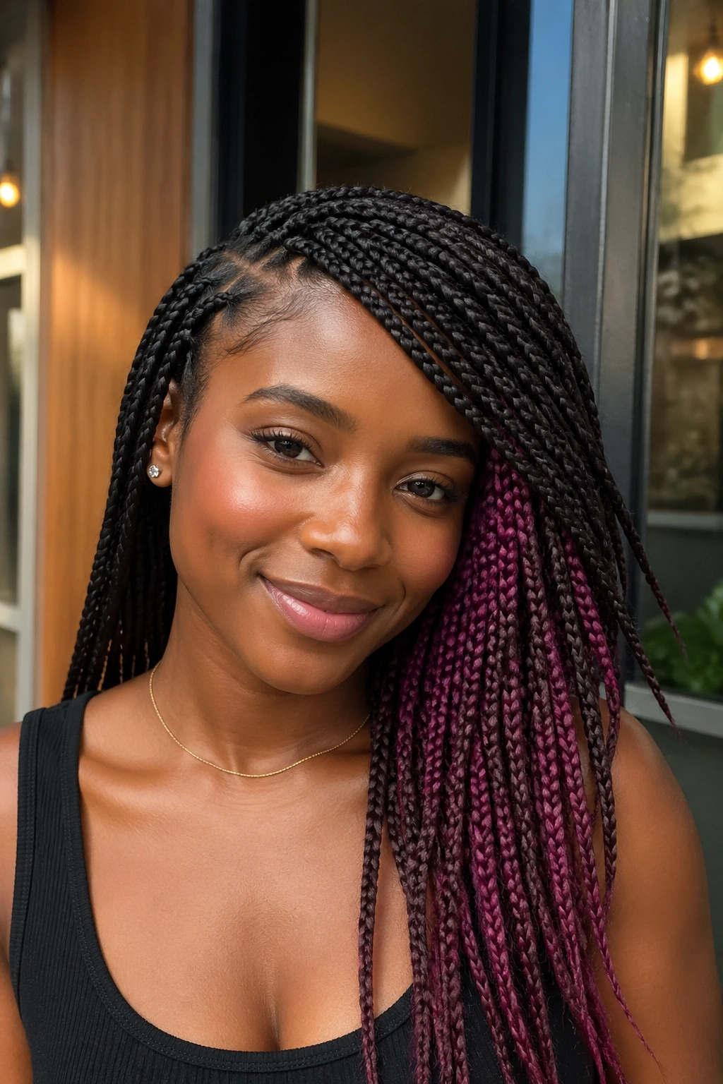 Real person with side-swept peekaboo braids showing color reveal