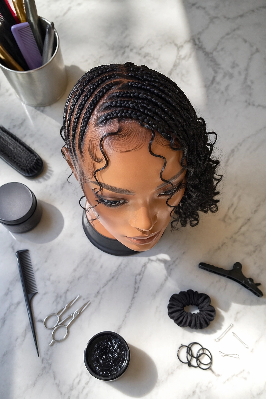 Overhead flat-lay of side-swept braids with face-framing curls