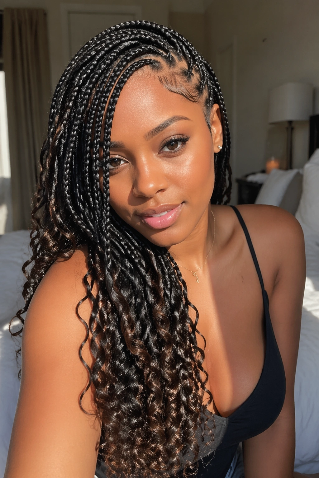 Close-up of side-swept box braids with curly ends on a real person