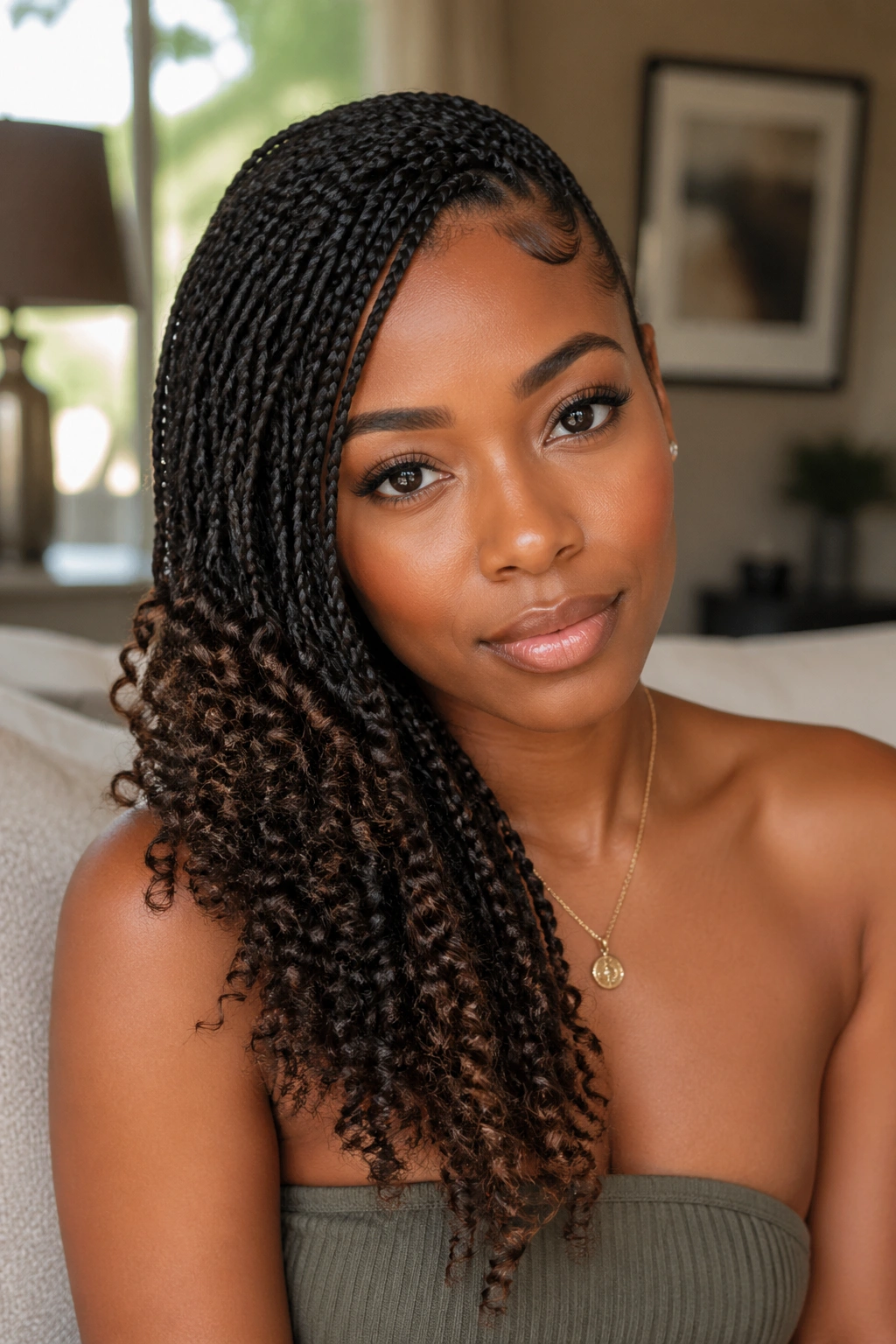 Close-up of real woman with side-swept mini braids and curls