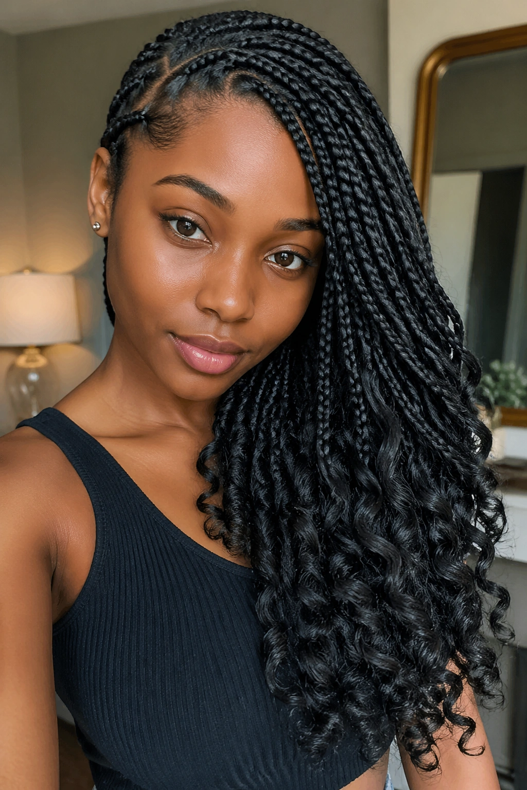 Close-up of a real person with side-swept box braids and curly ends