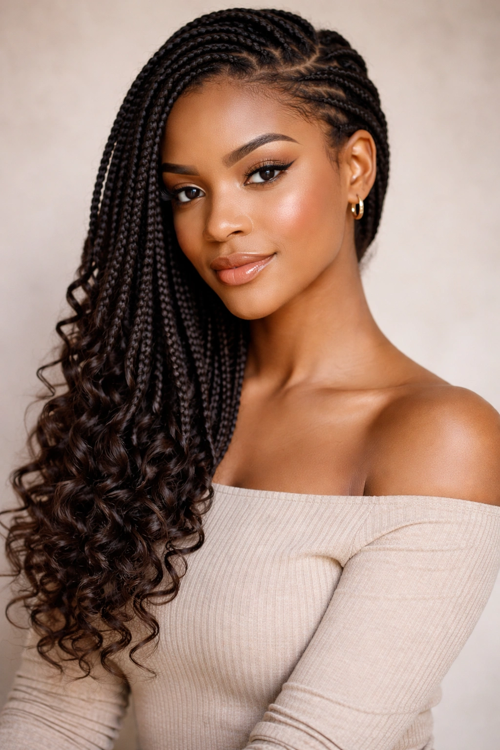 Side-swept braids with curly ends cascading over one shoulder