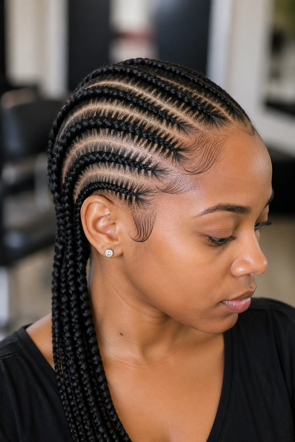 Three-quarter profile of side-swept five braids with diagonal part