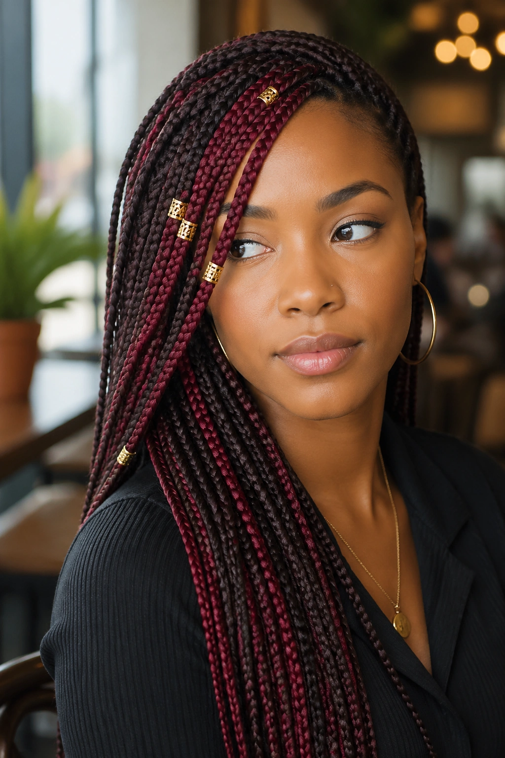Side-swept brown and red braids with gold cuffs on a real person
