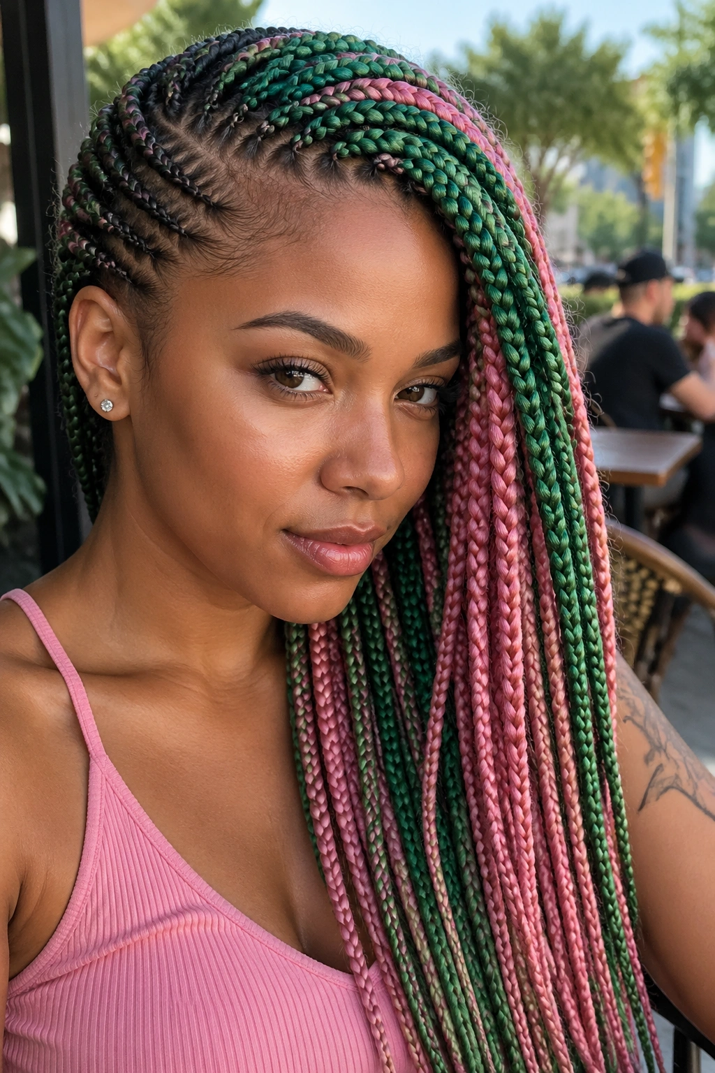 Close-up of a real person with side-swept green and pink box braids