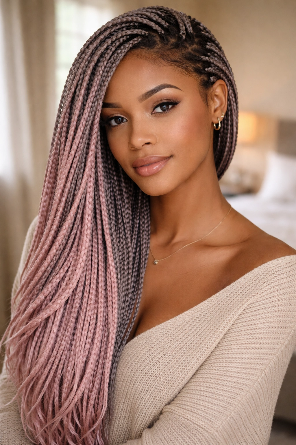 Close-up of a real woman with side-swept grey and dusty pink box braids.