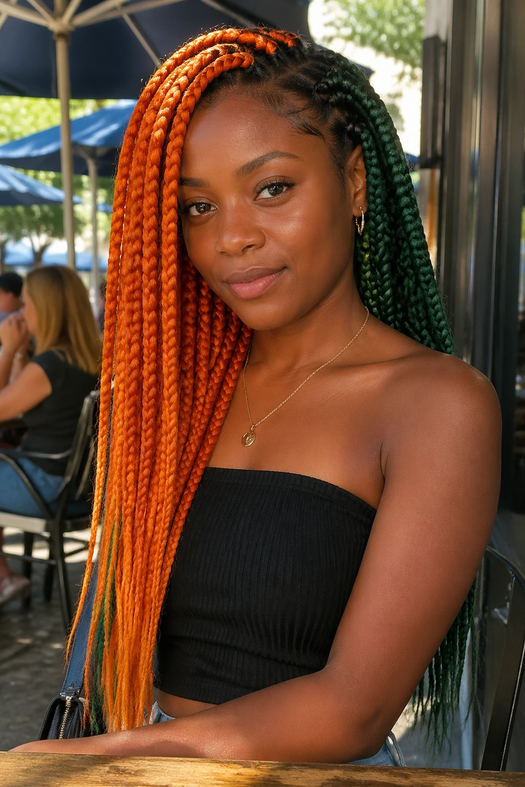 Side-swept braids with orange front and green back on a real person