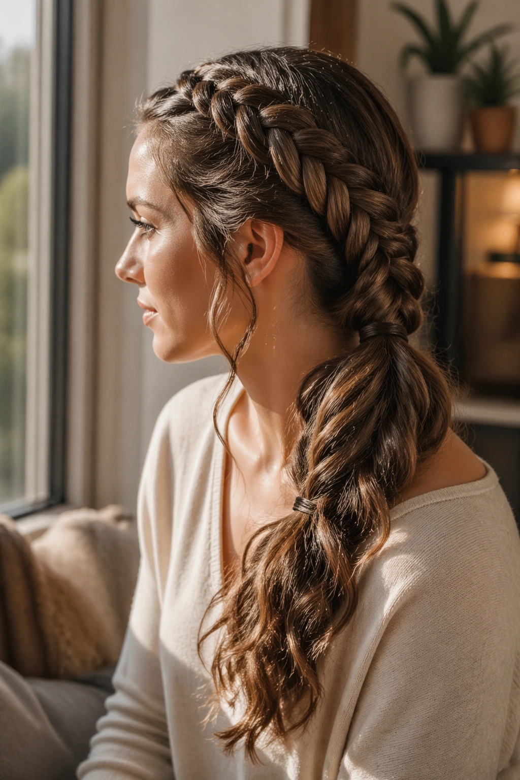 Soft side-swept double braided ponytail in side profile.