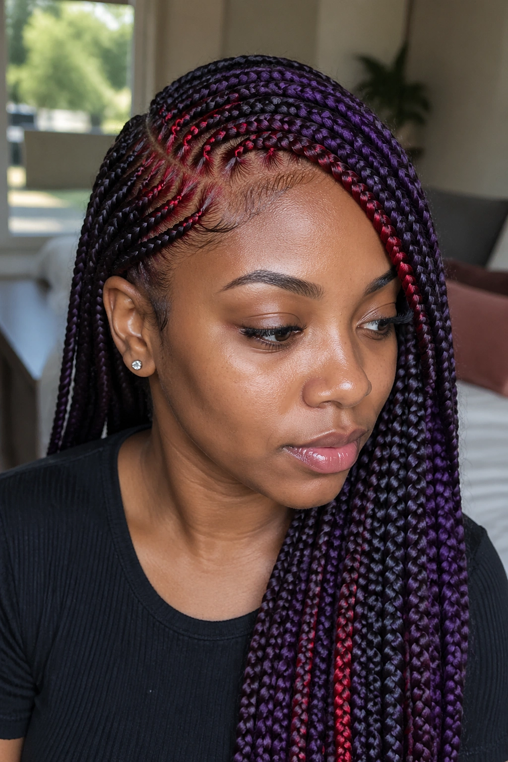 Close-up of a real person with side-swept braids featuring red feed-in accents and purple strands