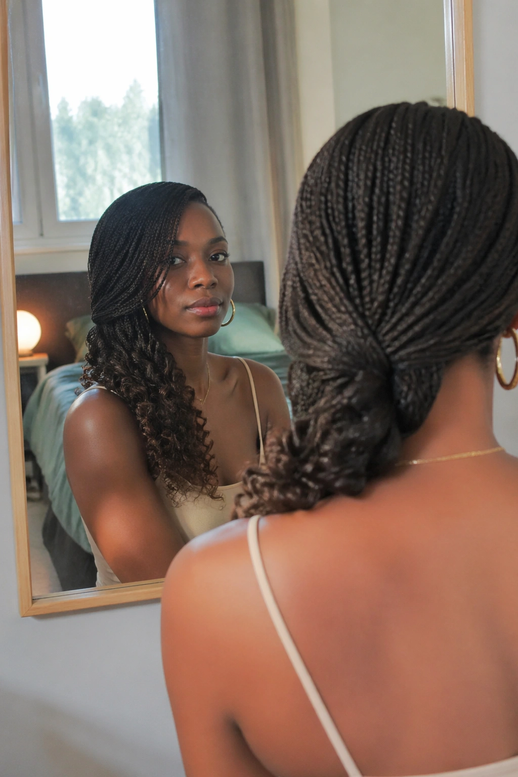 Side-swept micro braids with ringlets seen in a mirror selfie.