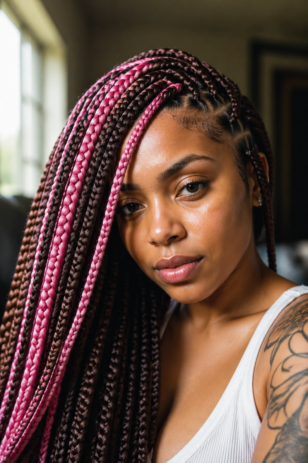 Real person with side-swept brown and pink box braids in bright window-lit room