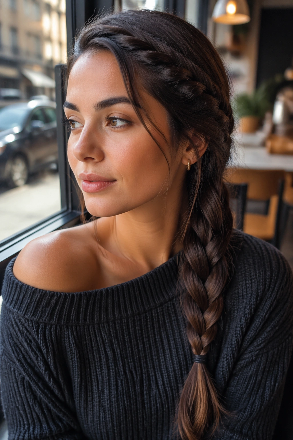 Real person with side-swept brown braided ponytail at cafe window