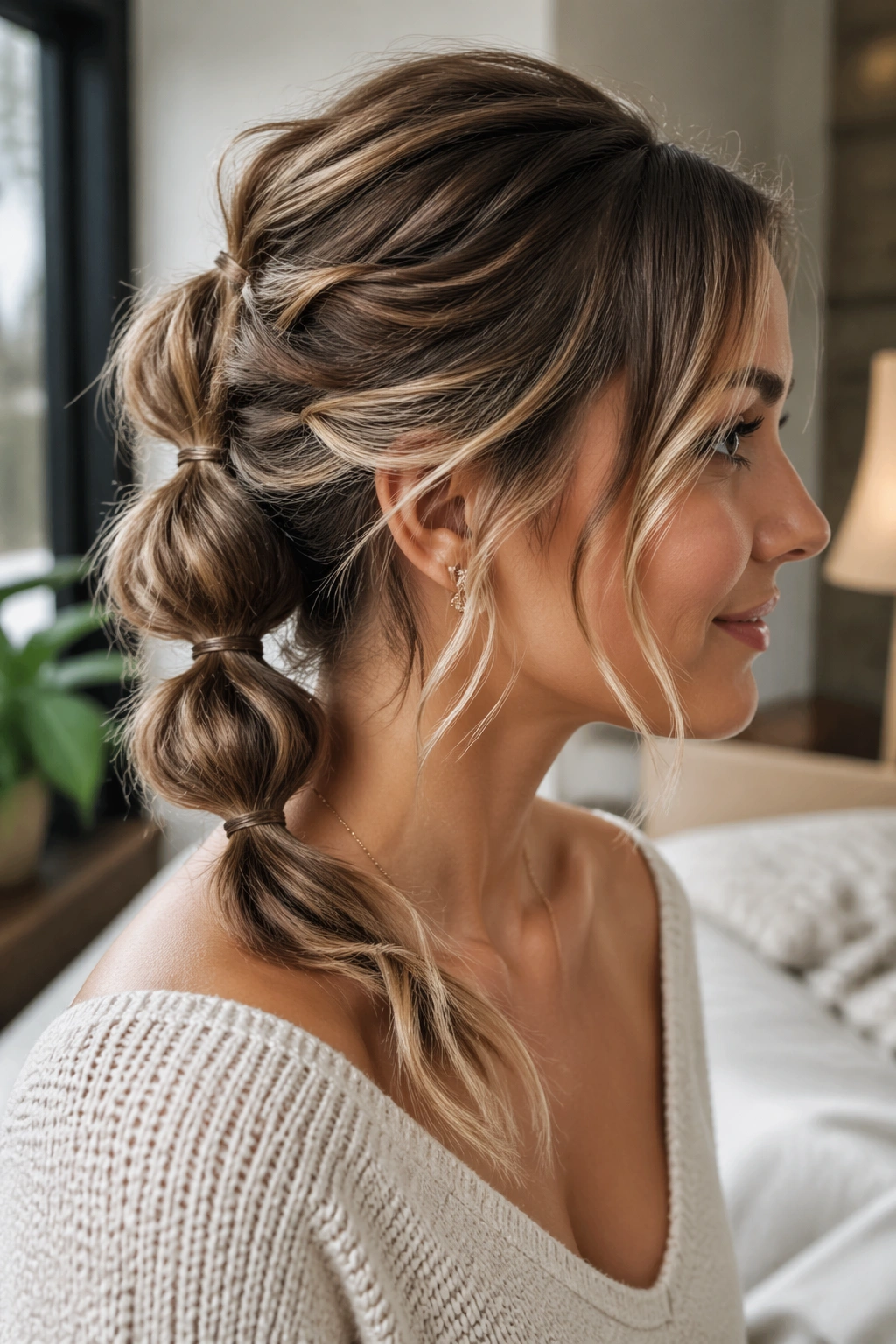 Side-profile of a real woman with a side-swept bubble ponytail on short hair