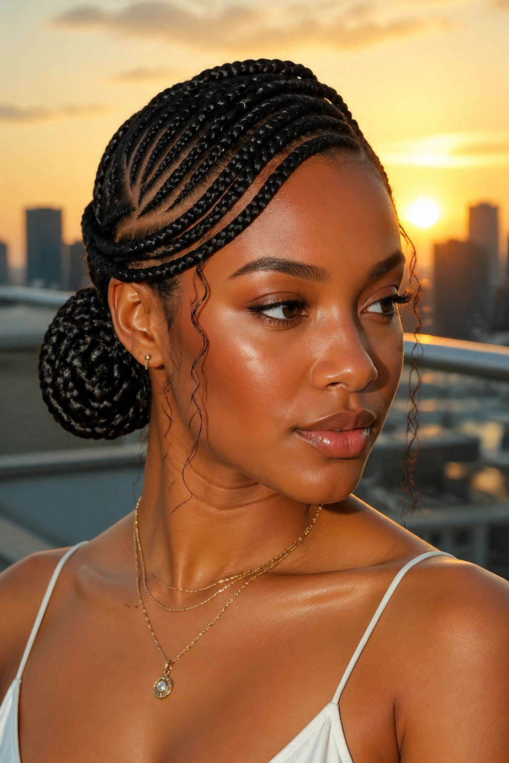 Close-up of a real person with a side-swept goddess bun off-center.