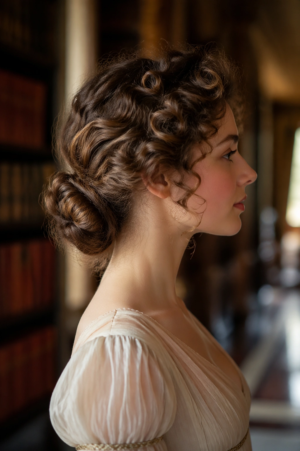 Side-profile portrait of a real woman with a side-swept bun at the nape.
