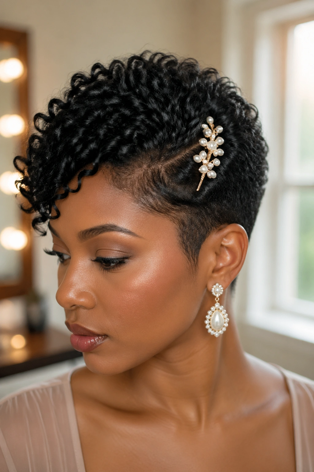 Close-up of a real woman with side-swept curly hair and decorative clip