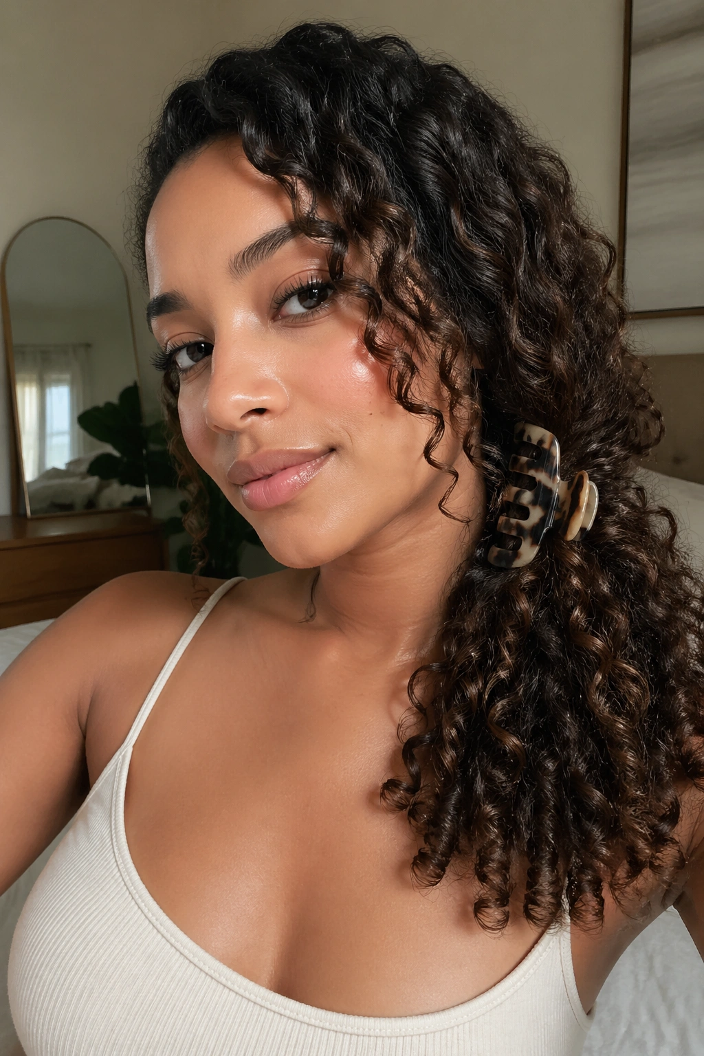 Side-swept curls gathered to one side secured with a claw clip on a real person