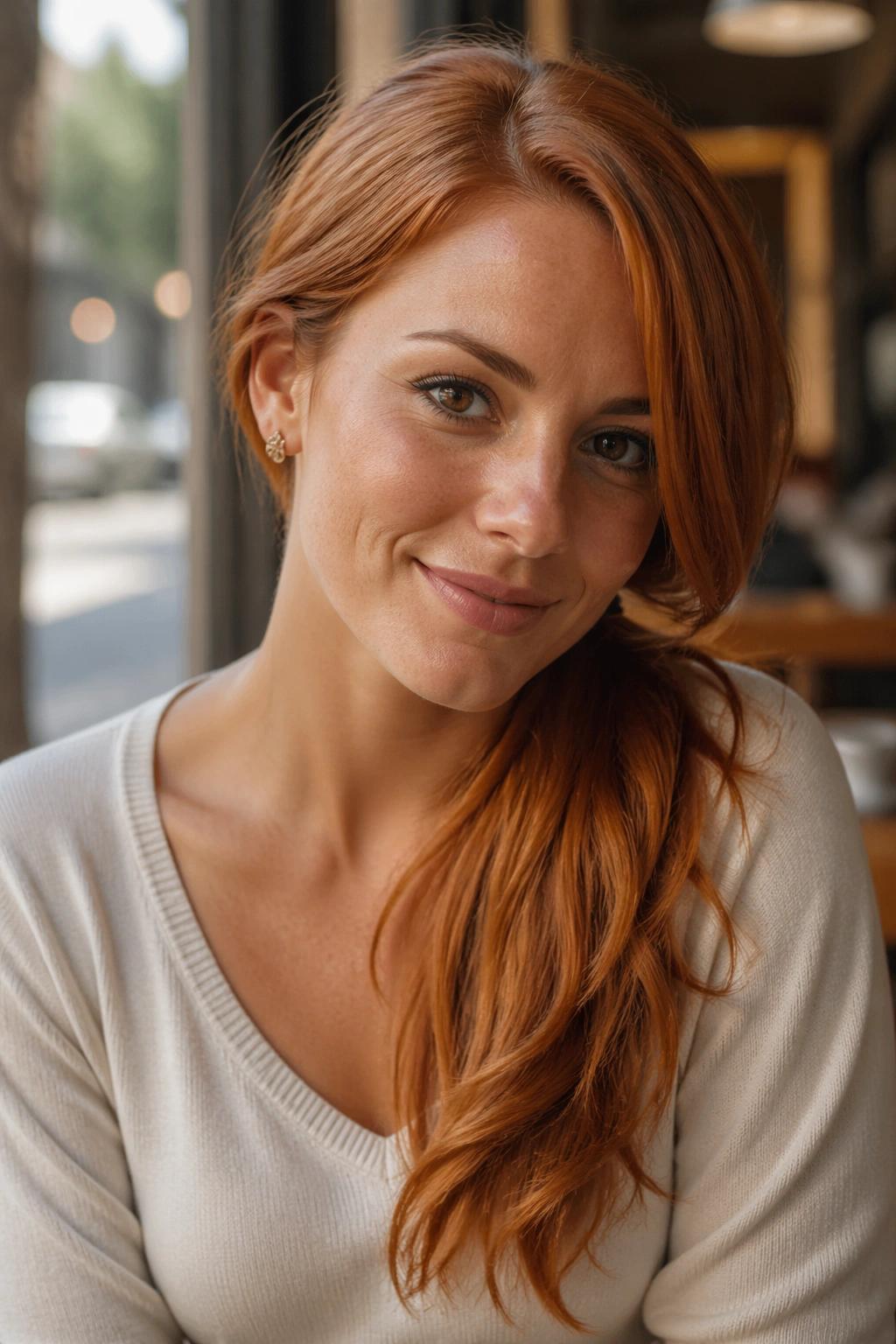 Close-up of a real woman with a side-swept copper ponytail looking softly to one side
