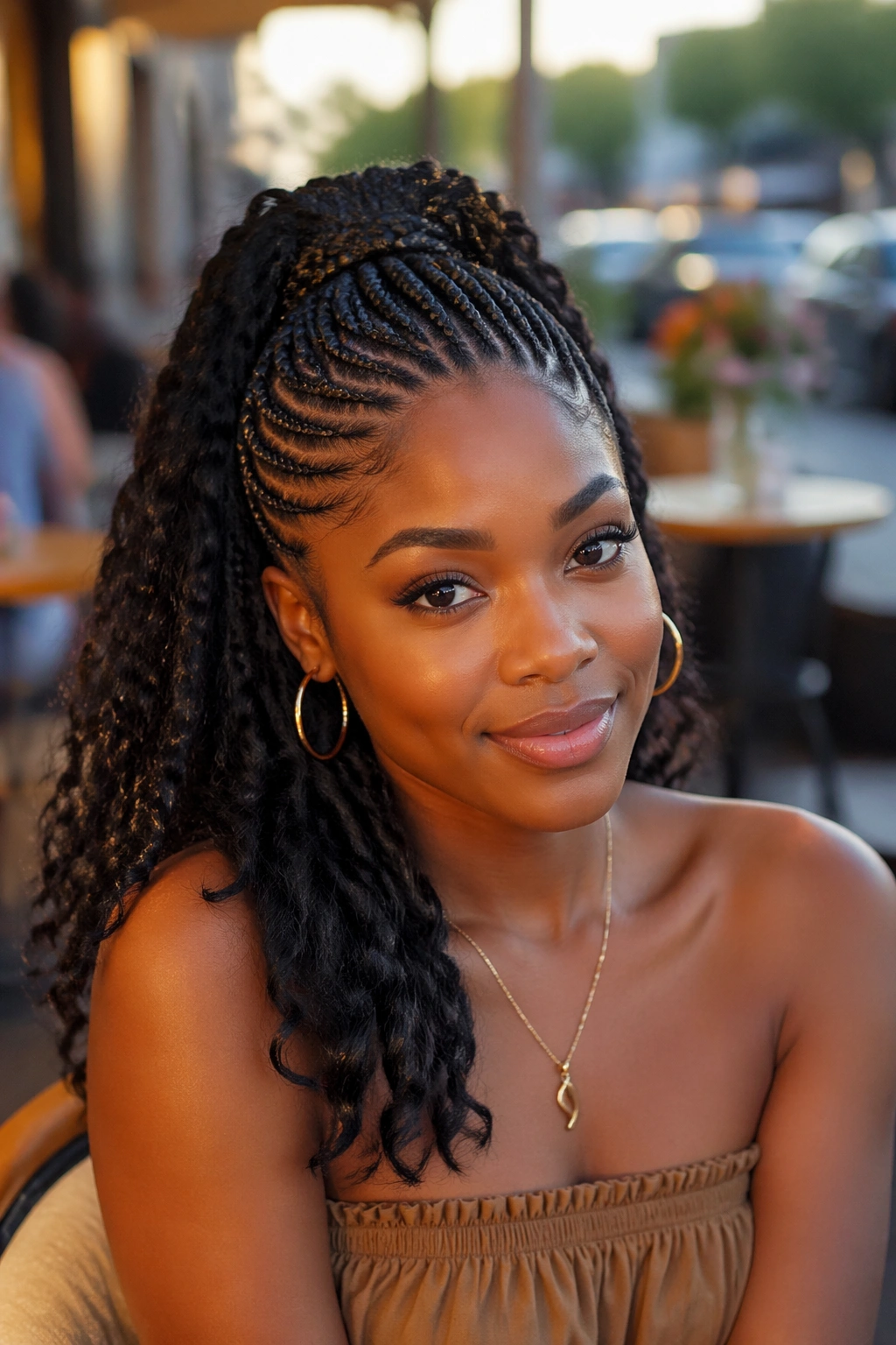 Close-up of side-swept cornrow half up half down on a real woman in an outdoor cafe