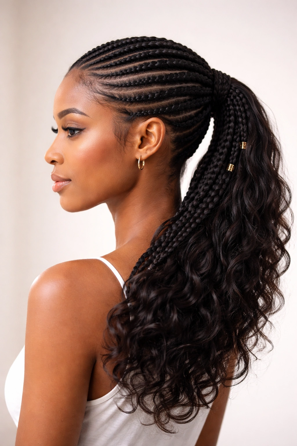 Side view of side-swept cornrow ponytail draping over shoulder