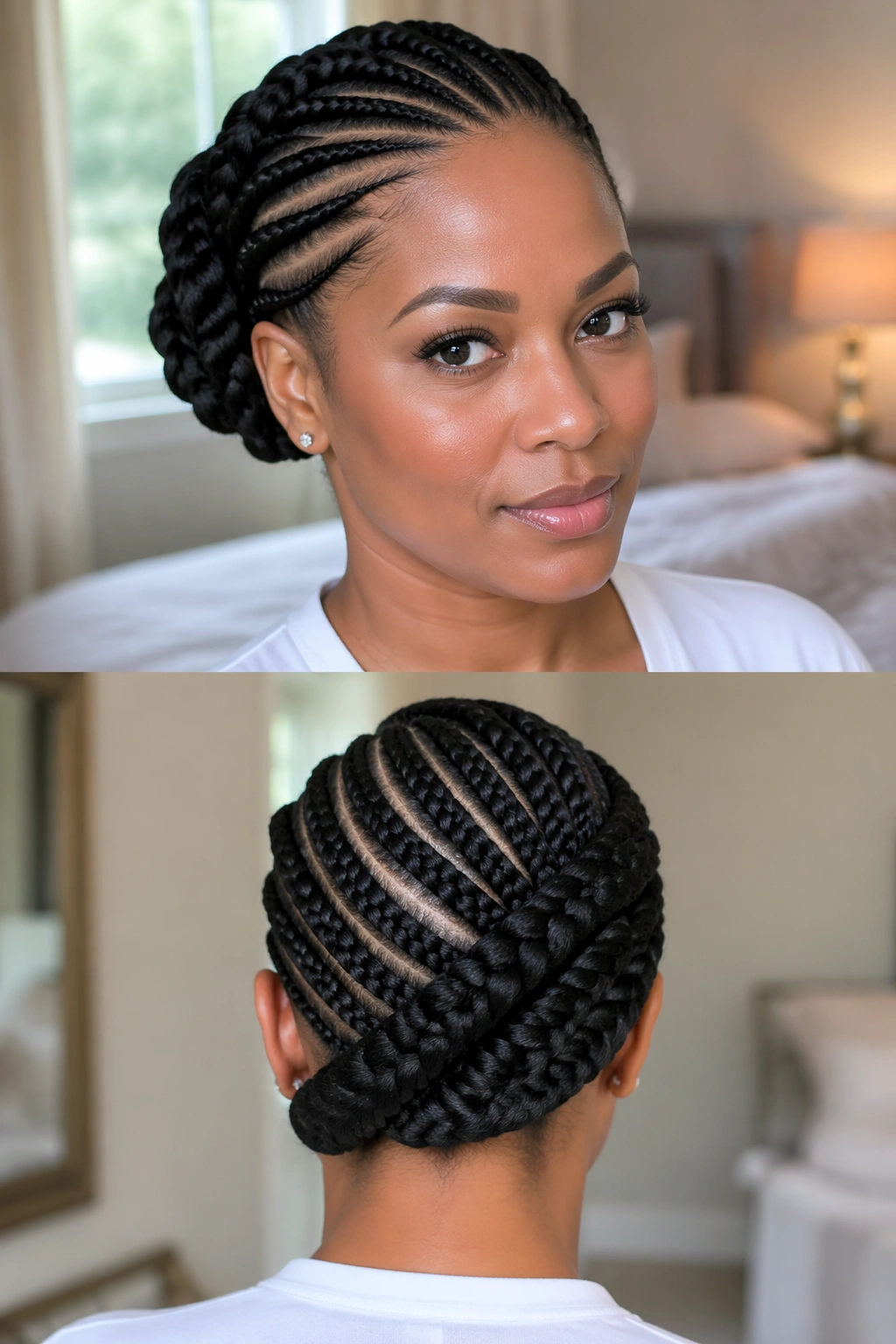 Close-up portrait of a real woman wearing a side-swept cornrow updo with a wrapped braid crossing the back.