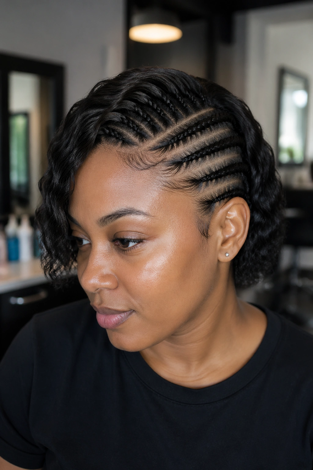 Side-swept half cornrows on a real person with back waves