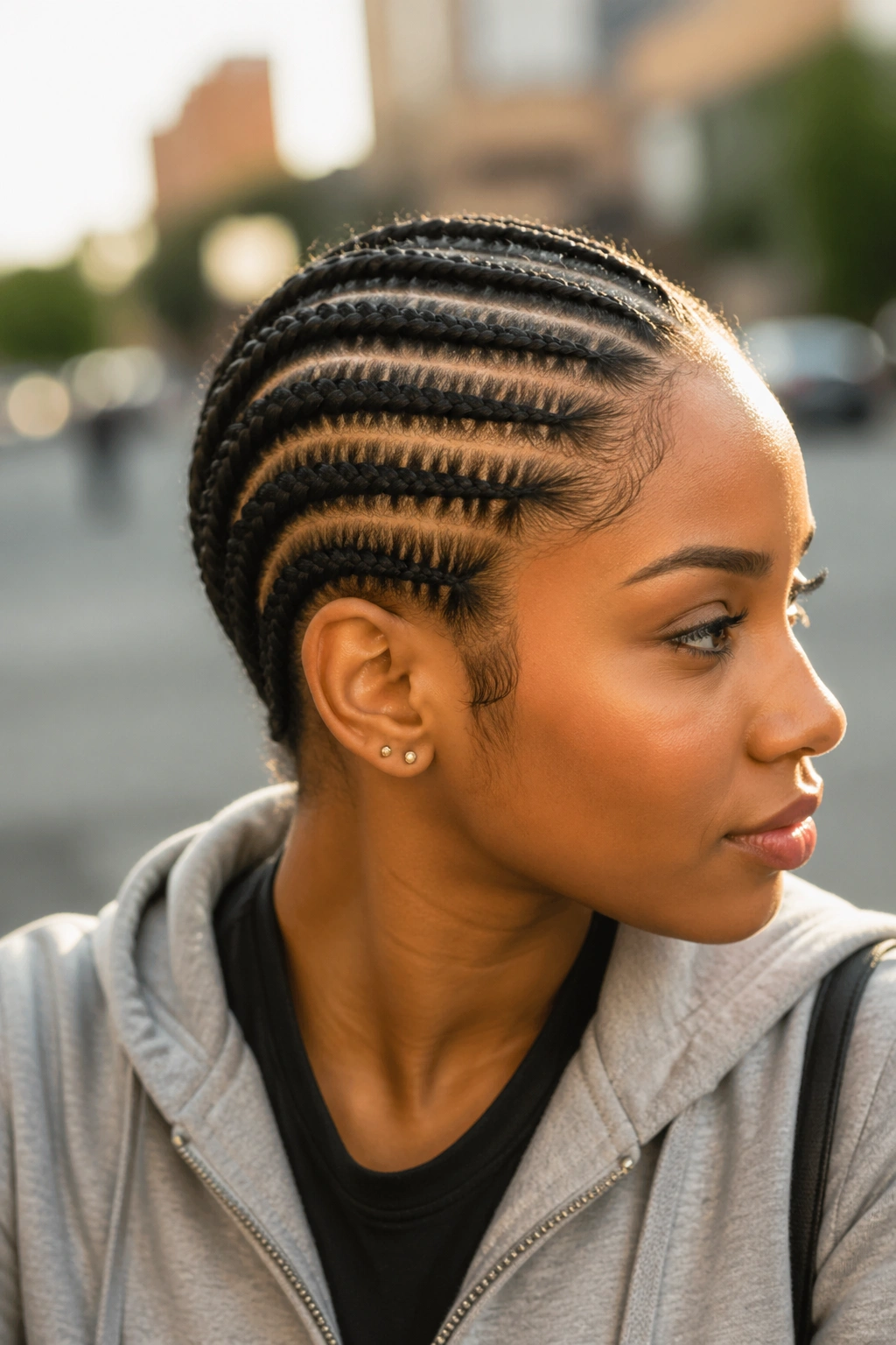 Real person with diagonally side-swept cornrows across the head.