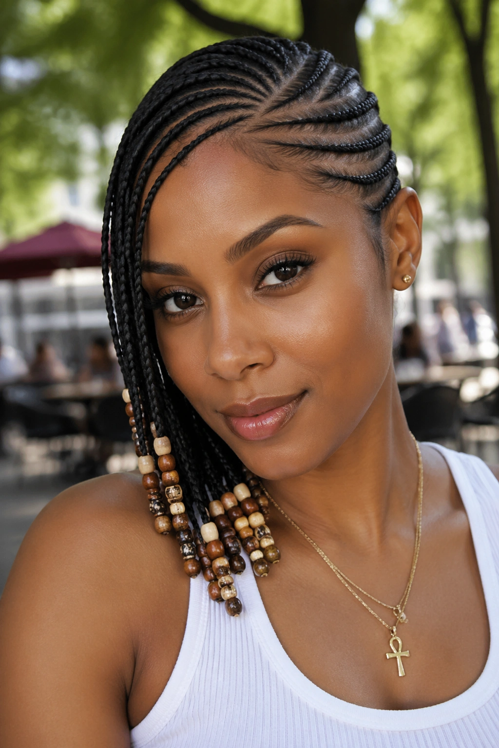 Close-up of side-swept cornrows with beads on the front strands framing the face