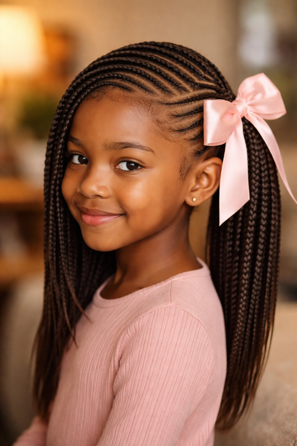 Portrait of a girl with side-swept cornrows and a large bow