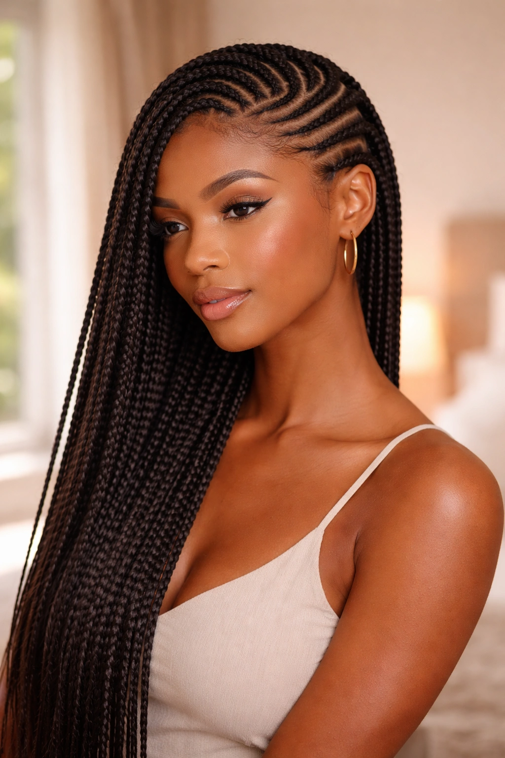 Close-up of side-swept cornrows transitioning into long box braids on a real person.