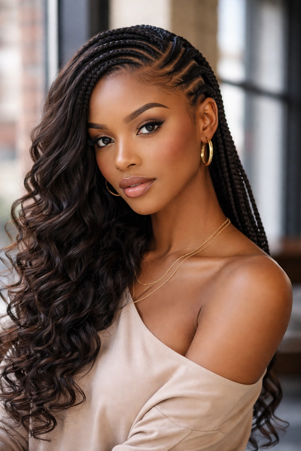 Close-up of side-swept cornrows with cascading curl on a real person