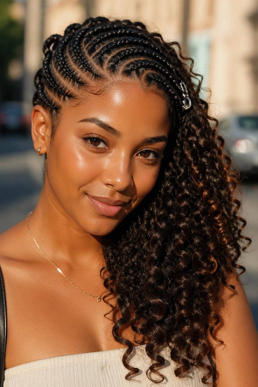 Side-swept cornrows with curl cascade on a real person